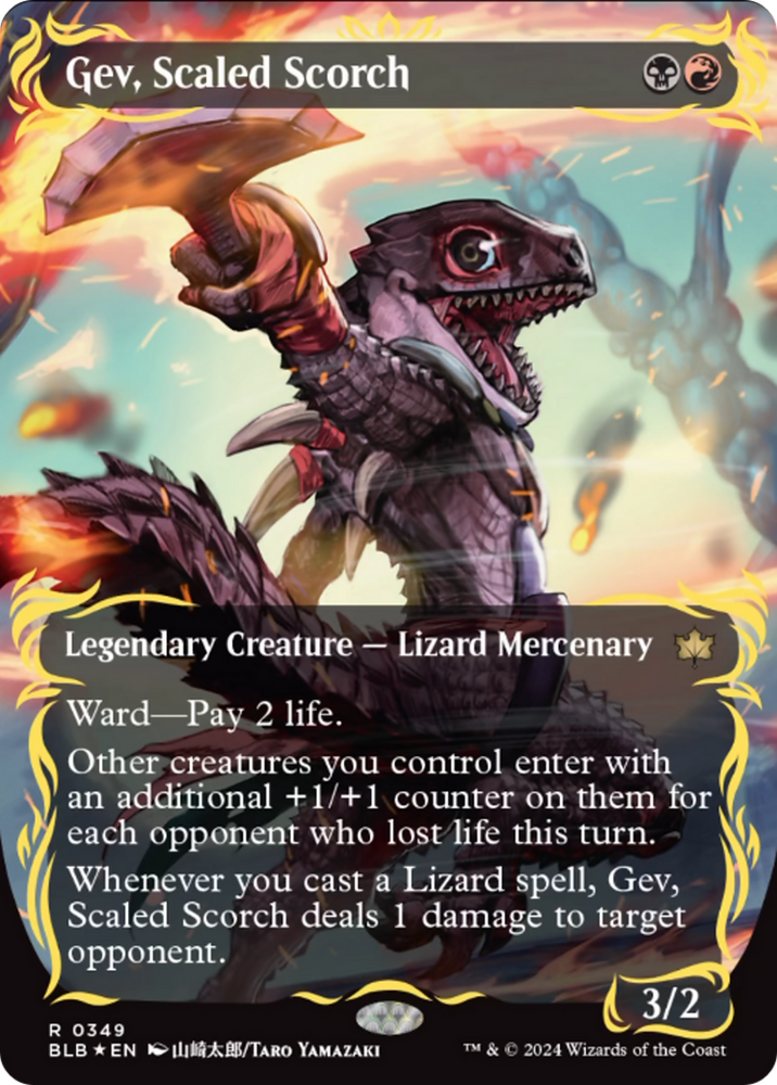 Gev, Scaled Scorch (Borderless) (Raised Foil) [Bloomburrow] Magic: The Gathering