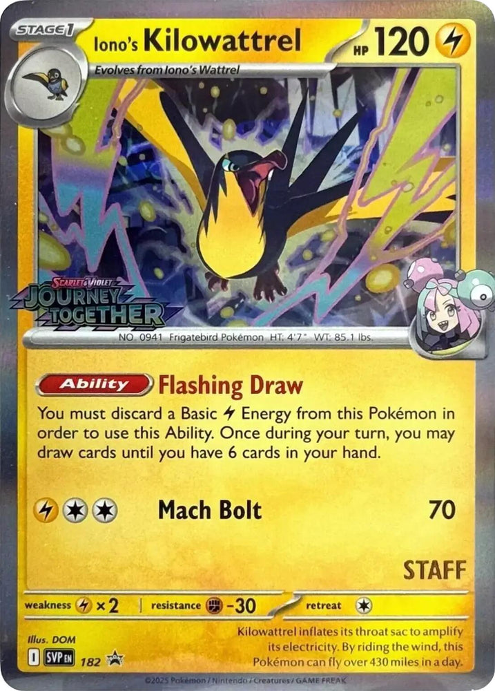Iono's Kilowattrel (182) (Prerelease Staff) [Scarlet & Violet: Black Star Promos] Pokémon