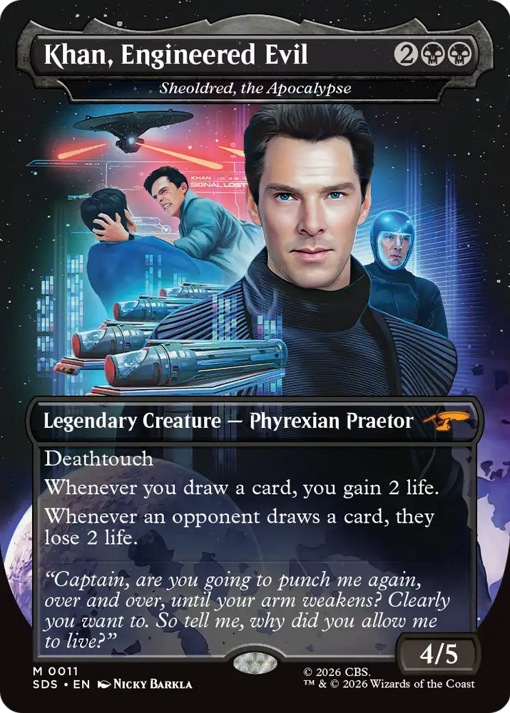 Khan, Engineered Evil - Sheoldred, the Apocalypse (Borderless) [Star Trek: Stardates] Magic: The Gathering