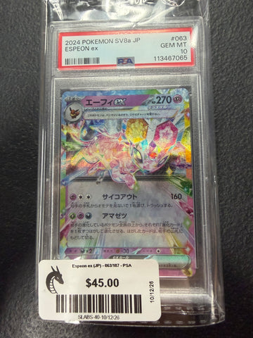 Espeon ex (JP) - 063/187 - PSA 10.0 GEM - MT -  (Double Rare) Pokemon