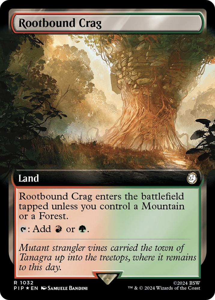 Rootbound Crag (Extended Art) (Surge Foil) [Fallout] Magic: The Gathering