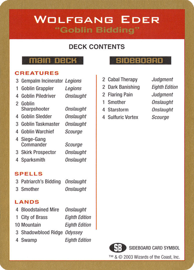 Wolfgang Eder Decklist [World Championship Decks 2003] Magic: The Gathering