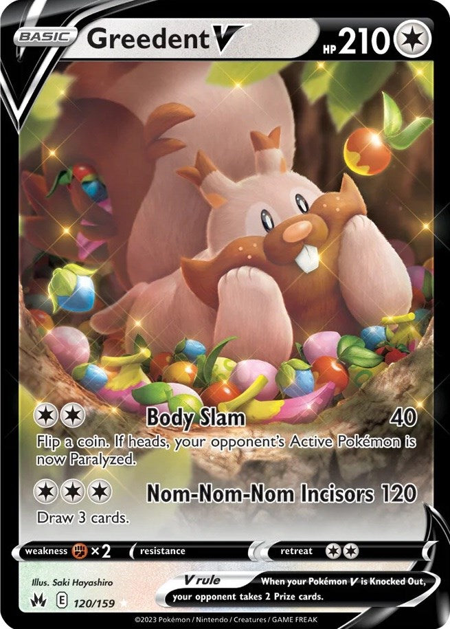 greedent pokemon card Arven's - Hot Air Arena RarityDouble Rare Hit Points260 HP Colorless Never Ever Enough Look at the top 3 cards of your deck Greedent V (120/159) [Sword &