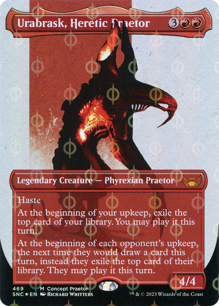 Urabrask, Heretic Praetor (Borderless Concept Praetors Step-and-Compleat Foil) [Phyrexia: All Will Be One] Magic: The Gathering