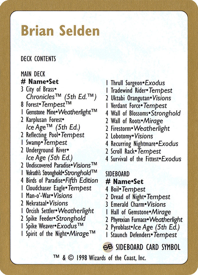 Brian Selden Decklist [World Championship Decks 1998] Magic: The Gathering