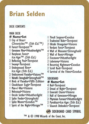 Brian Selden Decklist [World Championship Decks 1998] Magic: The Gathering