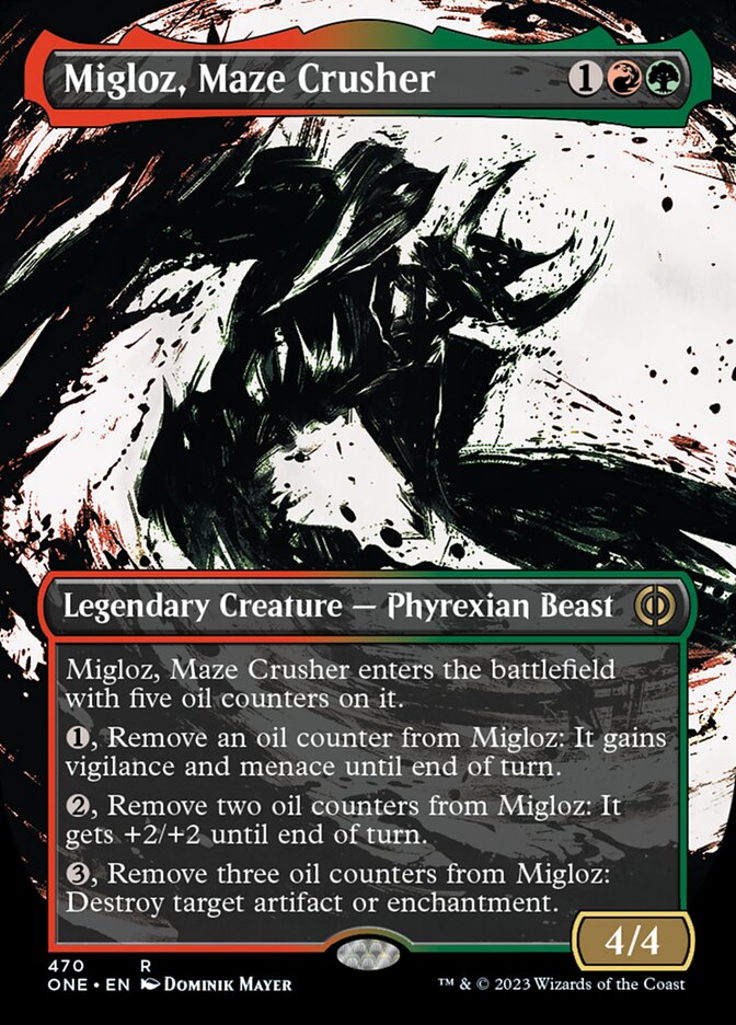 Migloz, Maze Crusher (Borderless Ichor Step-and-Compleat Foil) [Phyrexia: All Will Be One] Magic: The Gathering