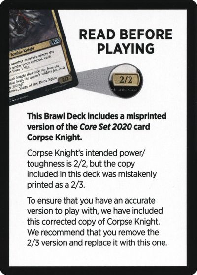 Corpse Knight Reminder Card (Knights' Charge Brawl Deck) [Core Set 2020 Tokens] Magic: The Gathering